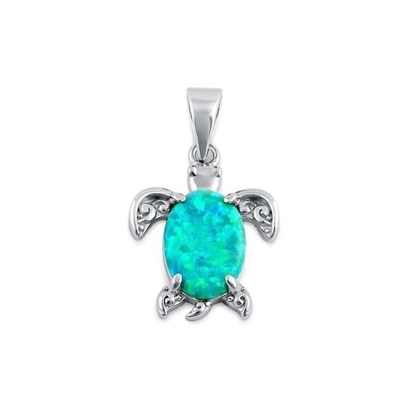 Sterling Silver Green Lab Opal Filigree Sea Turtle Necklace Bracelet Pendant - Picture 2 of 4